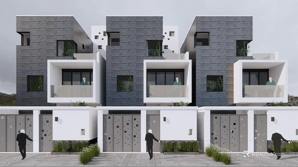 Modern Townhouses Exterior Design Featuring Gray White Facade Balconies Windows And Green Plants 3d model 