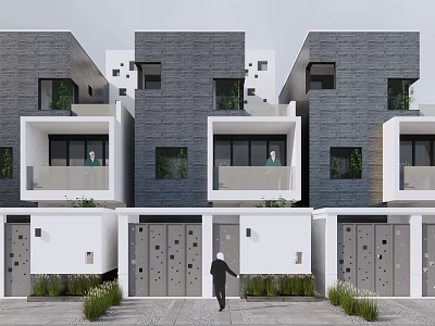 Modern Townhouses Exterior Design Featuring Gray White Facade Balconies Windows And Green Plants 3d model