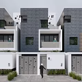 Modern Townhouses Exterior Design Featuring Gray White Facade Balconies Windows And Green Plants