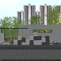 Modern Geometric Stone Feature Wall In Urban Landscape With Green Trees And High Rise Buildings