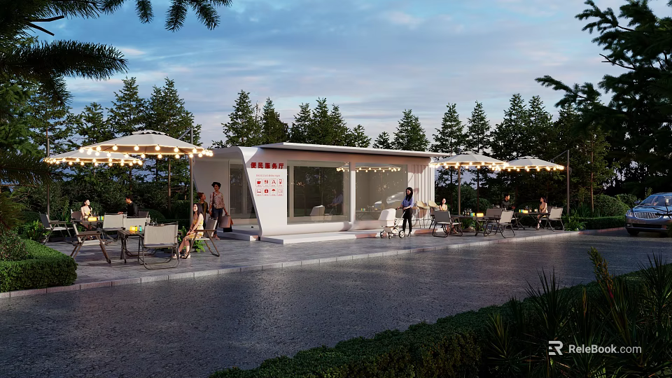 Modern Rest Station With Outdoor Seating Umbrellas Green Trees And People Activities 3d model 