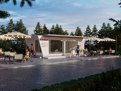 Modern Rest Station With Outdoor Seating Umbrellas Green Trees And People Activities 3d model