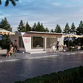 Modern Rest Station With Outdoor Seating Umbrellas Green Trees And People Activities