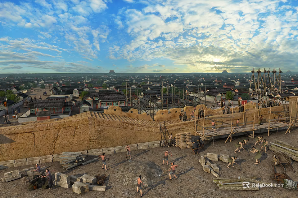 Ancient Architecture Construction Site With Workers And Materials Amid Cityscape And Cloudy Sky 3d model 