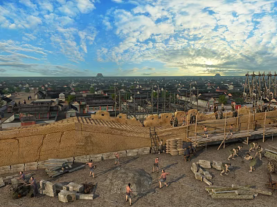 Ancient Architecture Construction Site With Workers And Materials Amid Cityscape And Cloudy Sky 3d model