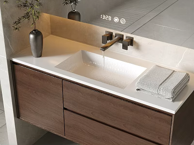 Modern Wooden Bathroom Cabinet with White Sink Metal Faucet Gray Towel and Green Plant 3d model