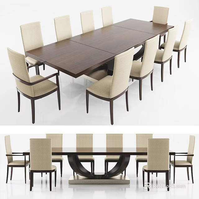 Modern Wooden Dining Table Set With Rectangular Top And 8 Woven Back Upholstered Chairs 3d model