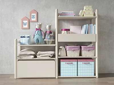 Entryway Console And Side Cabinet With Storage Baskets Stuffed Bears Folded Towels And Picture Frames 3d model