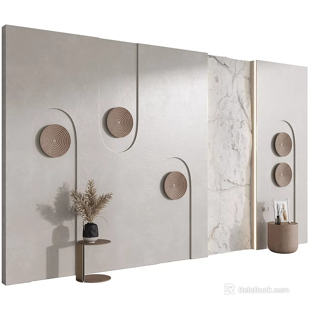 Modern Accent Wall Design With Circular Decorative Panels And Marble Texture Accents In Minimalist Interior 3d model 