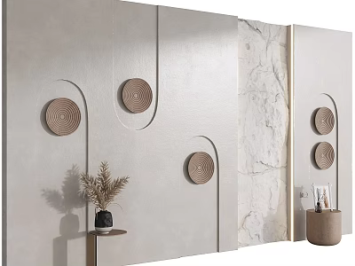 Modern Accent Wall Design With Circular Decorative Panels And Marble Texture Accents In Minimalist Interior 3d model