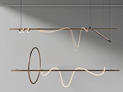 Sleek Modern Chandelier With Curved Light Strips Circular Ring And Golden Suspension Rods 3d model