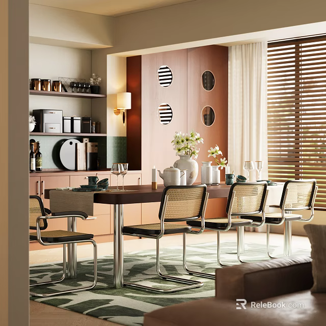 Modern Dining Living Room Interior With Wooden Table Wicker Chairs And Decorative Wall Art 3d model 