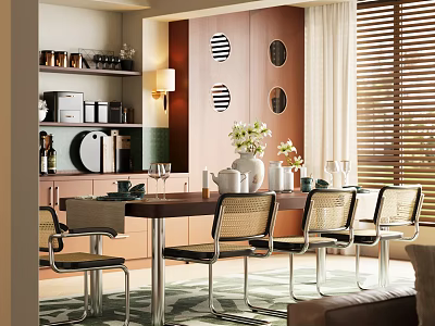 Modern Dining Living Room Interior With Wooden Table Wicker Chairs And Decorative Wall Art 3d model