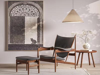 Modern Leisure Chair with Wooden Frame Black Cushion Footstool Side Table and Cat Painting 3d model