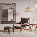 Modern Leisure Chair with Wooden Frame Black Cushion Footstool Side Table and Cat Painting