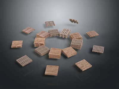 Wooden Pallets Storage Equipment With Various Sizes And Scattered Arrangement On Black Background 3d model