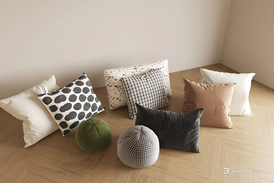 Colorful Decorative Throw Pillows With Polka Dot Checkerboard And Round Velvet Designs On Wooden Floor 3d model 