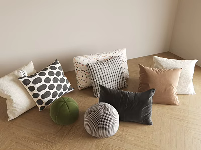 Colorful Decorative Throw Pillows With Polka Dot Checkerboard And Round Velvet Designs On Wooden Floor 3d model