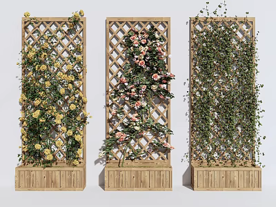 Lush Vines with Yellow Pink Flowers and Green Leaves on Wooden Lattice Panels and Planters 3d model