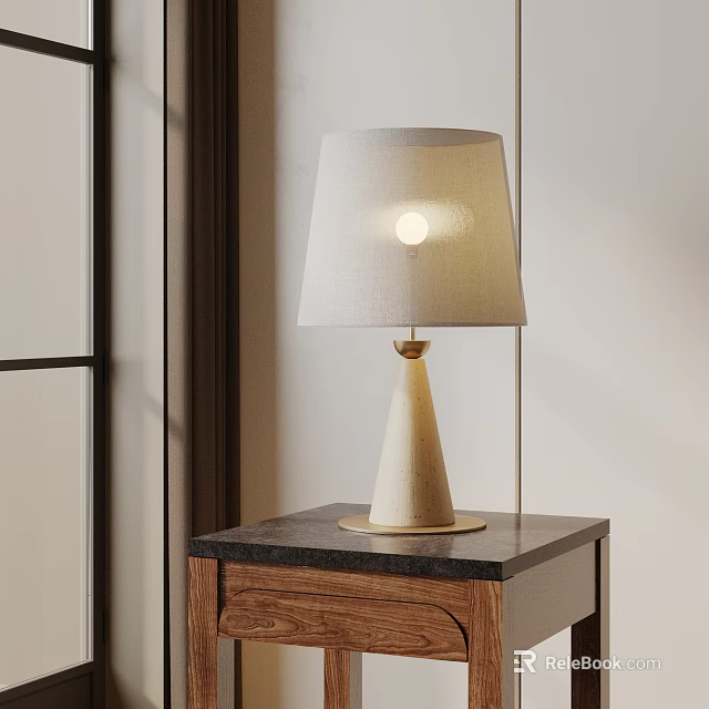 Illuminated Conical Base Table Lamp With Linen Shade On Wooden Nightstand Black Marble Top 3d model 