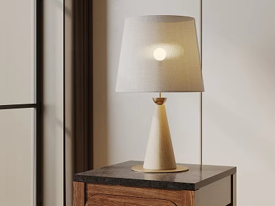 Illuminated Conical Base Table Lamp With Linen Shade On Wooden Nightstand Black Marble Top 3d model