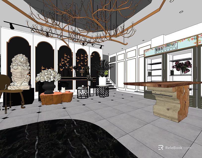 Luxury Boutique Interior With Display Shelves Chandeliers And Decorative Display Tables 3d model 