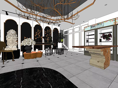Luxury Boutique Interior With Display Shelves Chandeliers And Decorative Display Tables 3d model