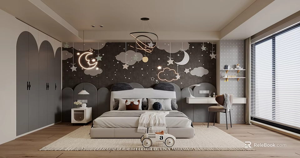 Kids Room Interior With Starry Theme Moon Stars Cloud Decor Cozy Bed Desk And Tricycle 3d model 