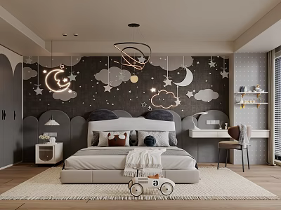 Kids Room Interior With Starry Theme Moon Stars Cloud Decor Cozy Bed Desk And Tricycle 3d model