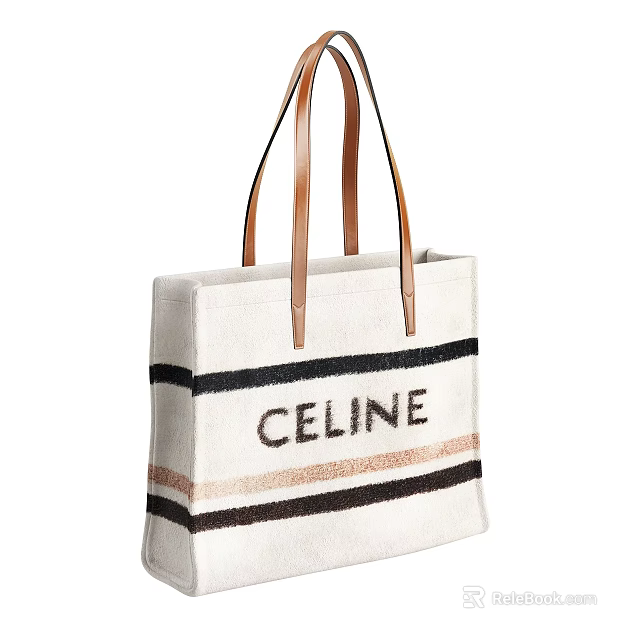 Celine Canvas Tote Bag With Leather Handles And Black Brown Striped Design 3d model 