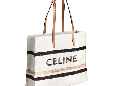Celine Canvas Tote Bag With Leather Handles And Black Brown Striped Design 3d model