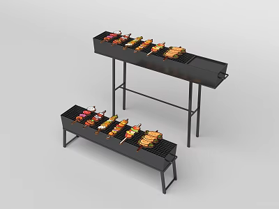 Two Outdoor Barbecue Grills With Skewers And Grilled Food On Stand 3d model