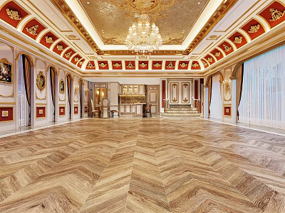 Luxurious Clubhouse Lobby With Golden Ceiling Chandelier Murals Wooden Flooring And Staircase 3d model