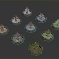 Multiple Decorative Fountains With Various Designs Different Styles And Colored Stone Bases