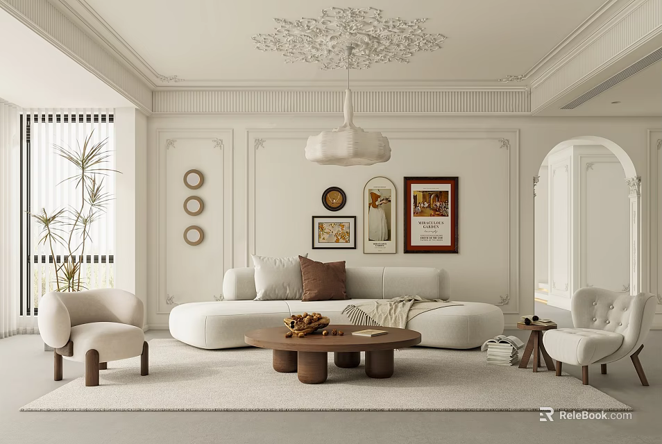 Modern Living Room Interior Design With Decorative Ceiling Pattern Pendant Light Sofa And Coffee Table 3d model 