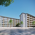 Modern School Building Design With Multi Story White Facade Surrounding Trees And Open Plaza
