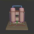 Industrial Equipment With Two Vertical Cylindrical Tanks Supported By Red Metal Frame On Platform Base