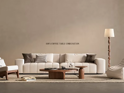 Modern Elegant Beige Upholstered Sofa And Solid Wood Coffee Table Combination For Cozy Living Room 3d model