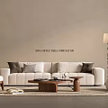 Modern Elegant Beige Upholstered Sofa And Solid Wood Coffee Table Combination For Cozy Living Room