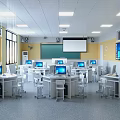 School Modern Computer Classroom Setup With Projector Computers And Student Desks 3d model