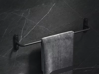 Black Bathroom Towel Rack Mounted On Dark Marble Textured Wall With Gray Towel 3d model
