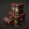 Vintage Stacked Barrels Featuring Red Rims Golden Patterns One Fallen 3d model