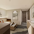Hotel Guest Room Interior With Chinese Landscape Paintings And Traditional Furniture
