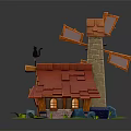 Cartoon Scene With Windmill Small Red Roof House Black Cat Pumpkins And Green Grass