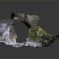 Cartoon Fantasy Landscape Scene With Rock Formations Water Area Green Plants And Floating Structure