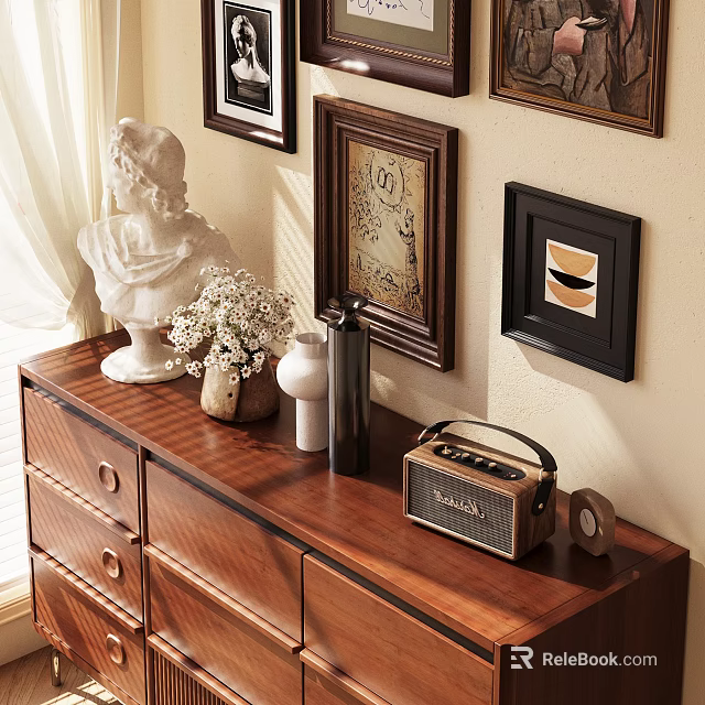 Ornamental Decor Set on Wooden Dresser with White Statue Vase Radio and Wall Paintings 3d model 