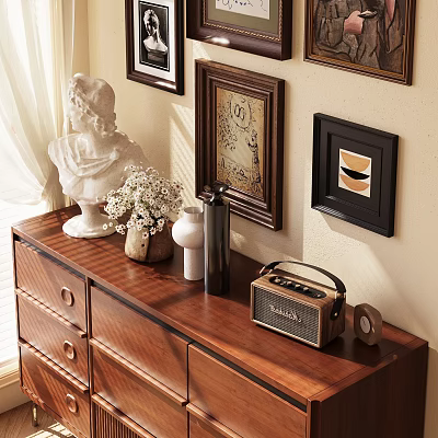 Ornamental Decor Set on Wooden Dresser with White Statue Vase Radio and Wall Paintings 3d model