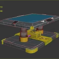 Blue Surface Platform with Red Dots Yellow Metallic Supports and Stable Metallic Base