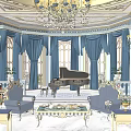 Elegant Piano Room With Dome Ceiling Chandelier Fireplace And Gray Armchairs