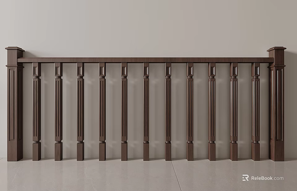 Dark Brown Classic Railing With Vertical Balusters Against Light Wall And Tiled Floor 3d model 